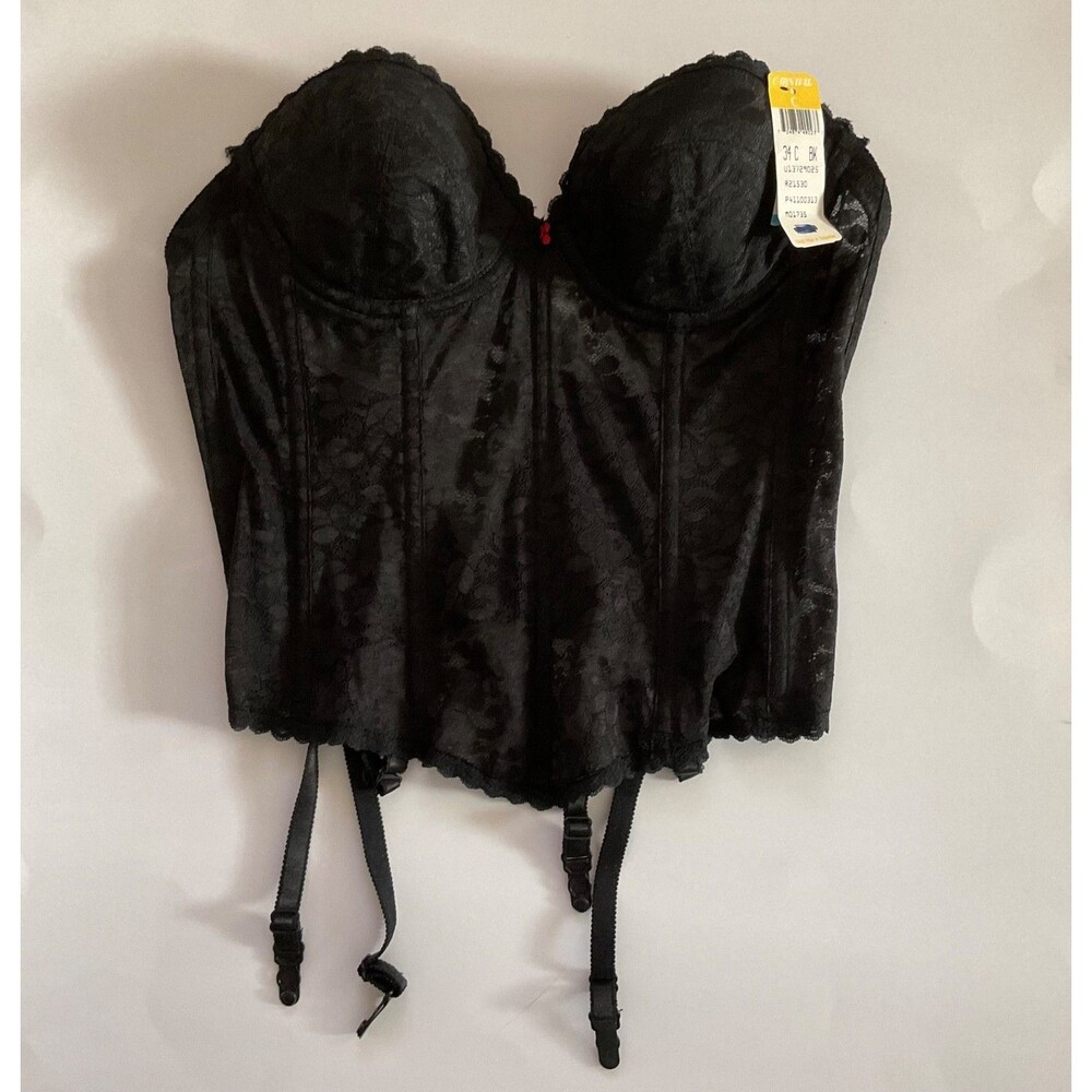 Vintage Carnival Black Lace Corset 34C Bustier Union Made Gothic Sexy Whimsigoth